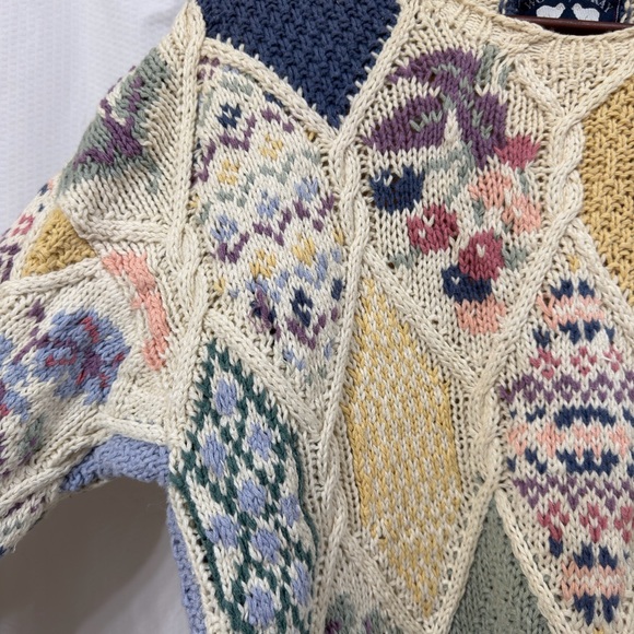 Vintage 90s Women's Multicolor Patchwork  Knit Ramie Cotton Sweater Sz L EUC - Picture 5 of 5